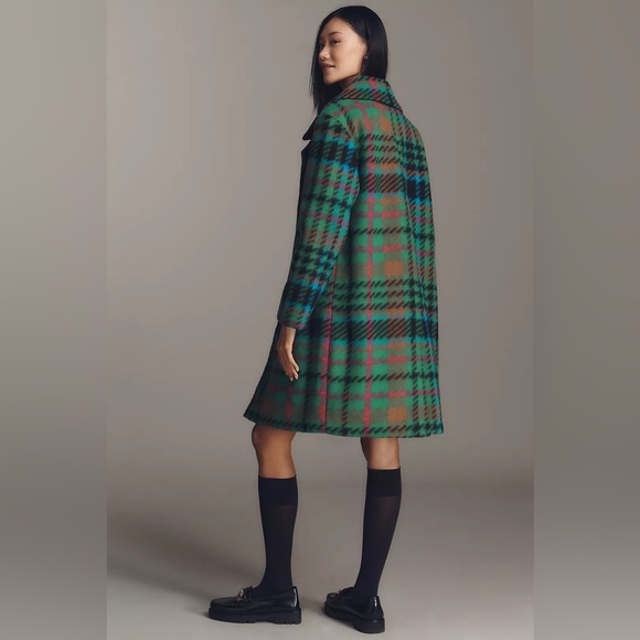 Anthropologie NVLT Plaid Wool Blend Mid-Length Coat Sz S NWT Apple Green - Picture 2 of 8